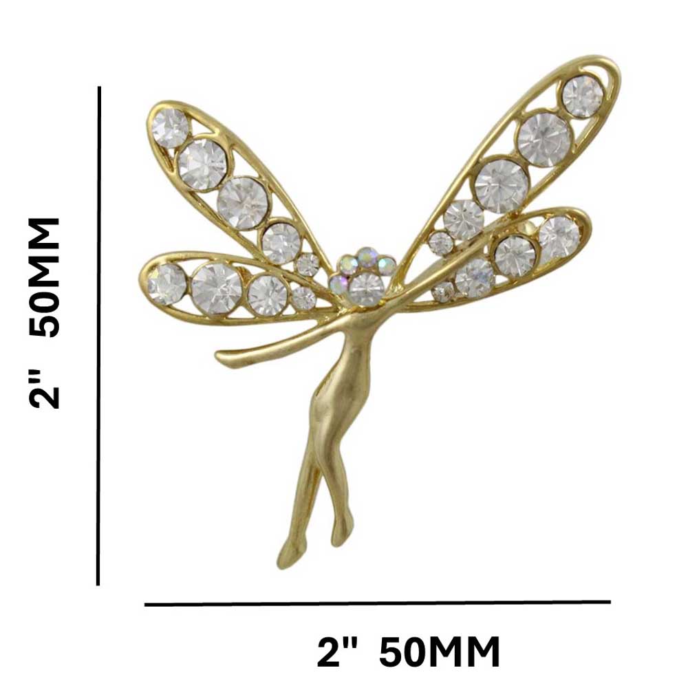 Gold and Crystal Fairy with Large Wings Brooch Pin with measurements - Lilylin Designs