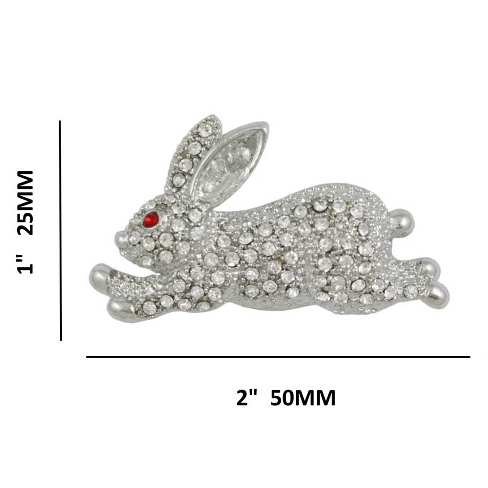 Crystal Leaping Bunny with Red Eye Brooch Pin shown with measurements - Lilylin Designs