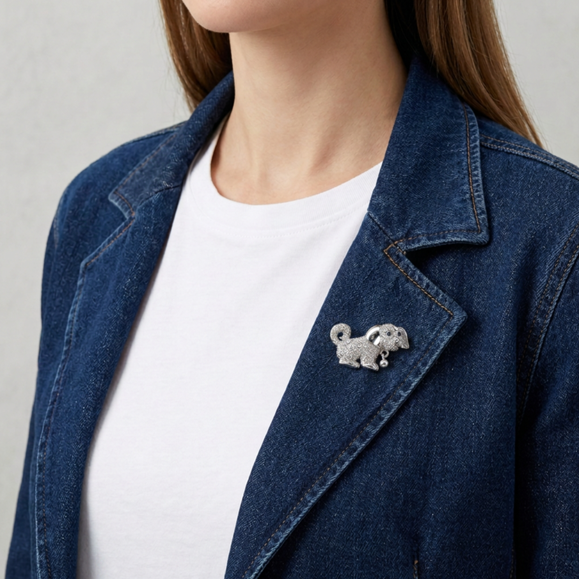 Crystal Puppy Dog with Silver Ball Brooch Pin pinned to denim jacket - Lilylin Designs