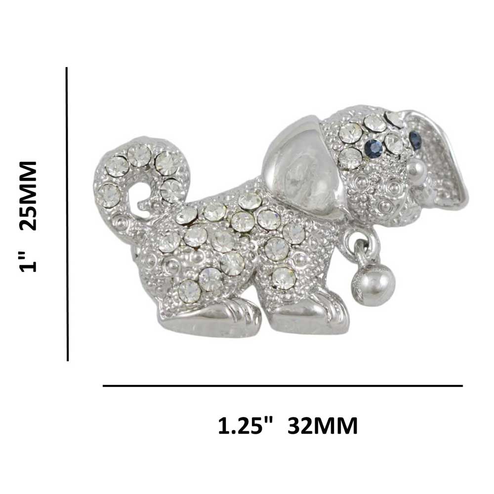 Crystal Puppy Dog with Silver Ball Brooch Pin shown with measurements - Lilylin Designs