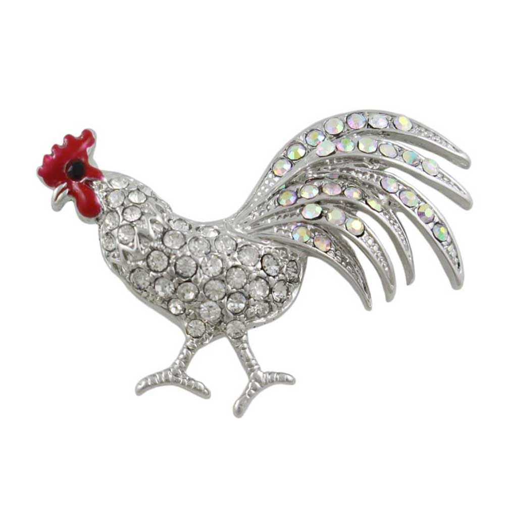 Crystal Rooster Brooch Pin with Clear Crystals and red head- Lilylin Designs