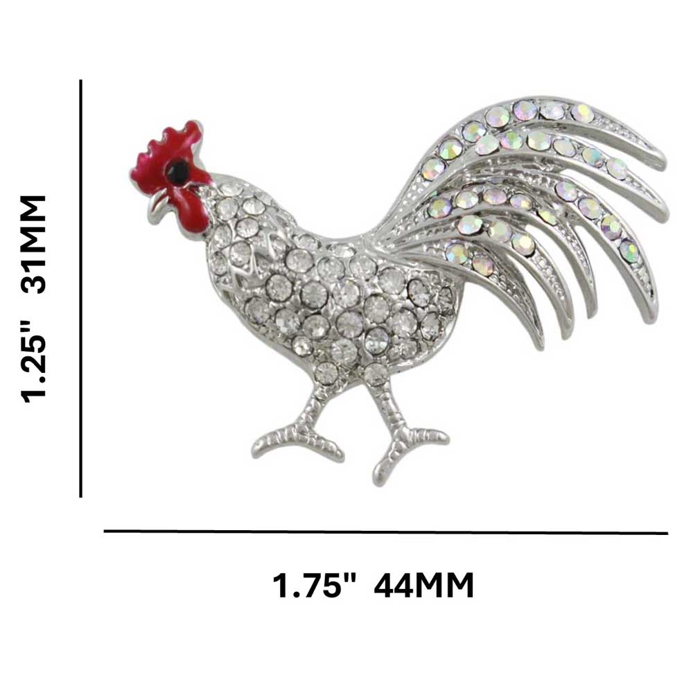 Rooster Brooch Pin with Clear Crystals shown with measurements - Lilylin Designs