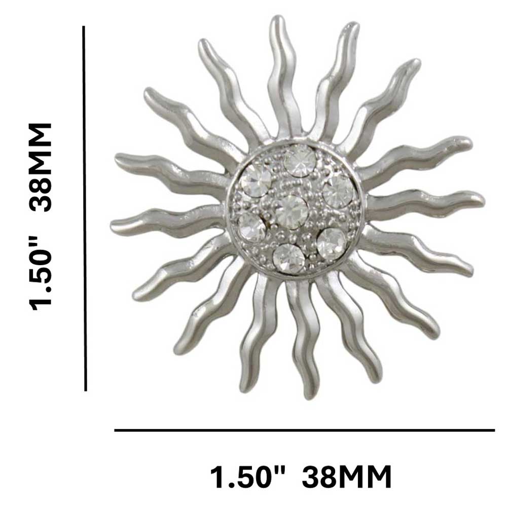 Crystal Sun Brooch Pin with Clear Crystals shown with measurements - Lilylin Designs