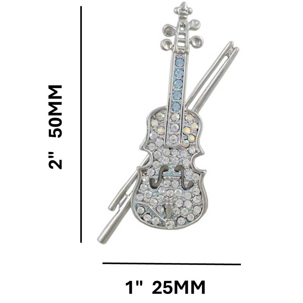 Light Blue and Aurora Borealis Crystal Violin Brooch Pin shown with measurements - Lilylin Designs