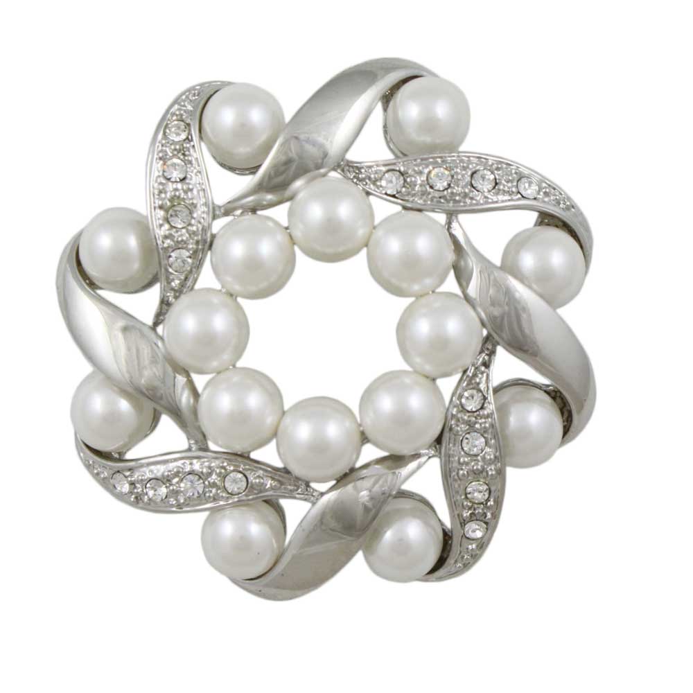 Silver and Crystal Wreath with White Pearls Brooch Pin - Lilylin Designs