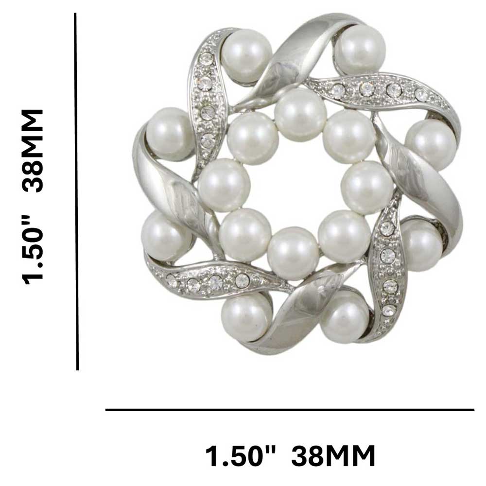 Silver and Crystal Wreath with White Pearls Brooch Pin shown with measurements - Lilylin Designs