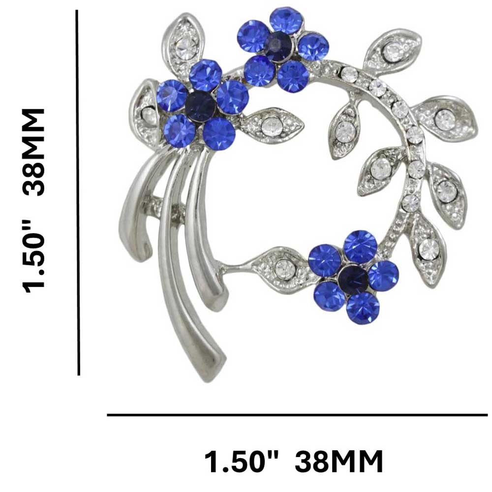 Branch with Blue Crystal Daisies and Leaves Brooch Pin with measurements - Lilylin Designs