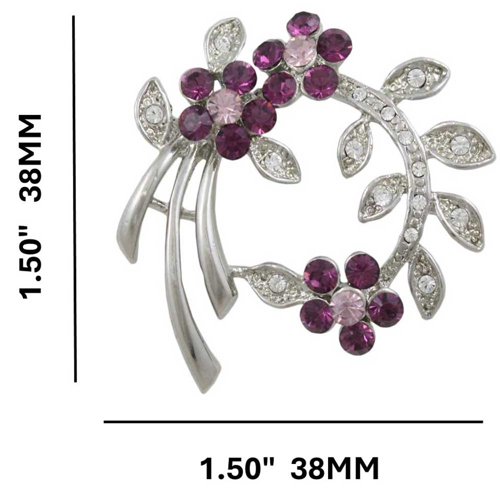Branch with Purple Crystal Daisies Flower Brooch Pin with measurements - Lilylin Designs