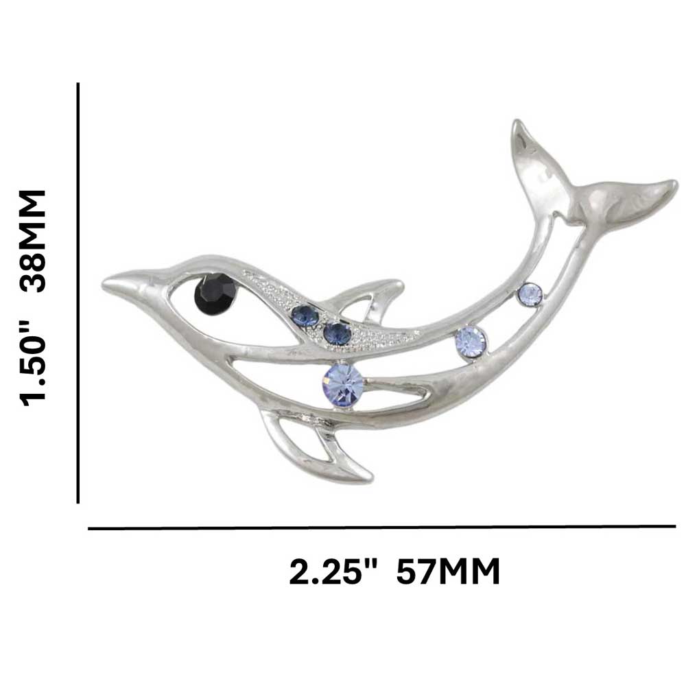 Blue Crystal Cut-out Dolphin Brooch Pin shown with measurements - Lilylin Designs