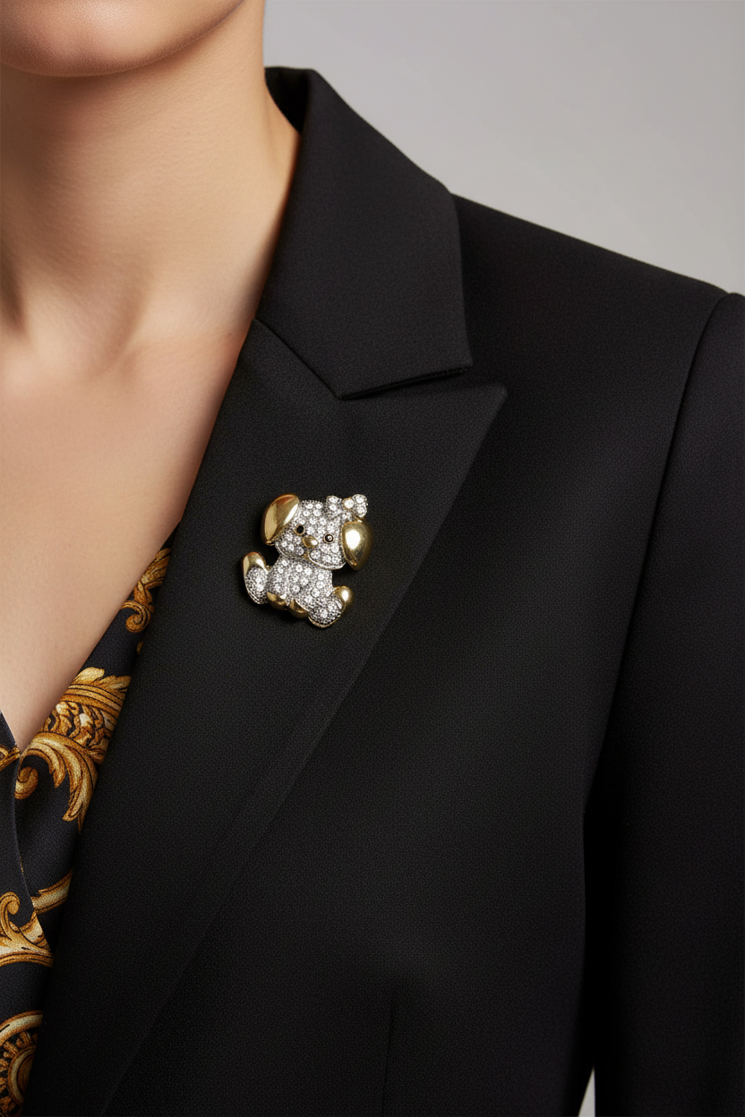 Model wearing cute crystal puppy dog brooch pin on a black jacket - Lilylin Designs
