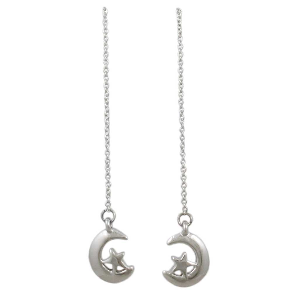 Silver Chain with Crescent Moon and Star Dangling Earring - DMEC621 - Lilylin Designs