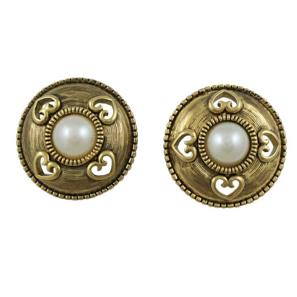 Gold Button with Heart Cutouts and Pearl Pierced Earring - DPE610 - Lilylin Designs