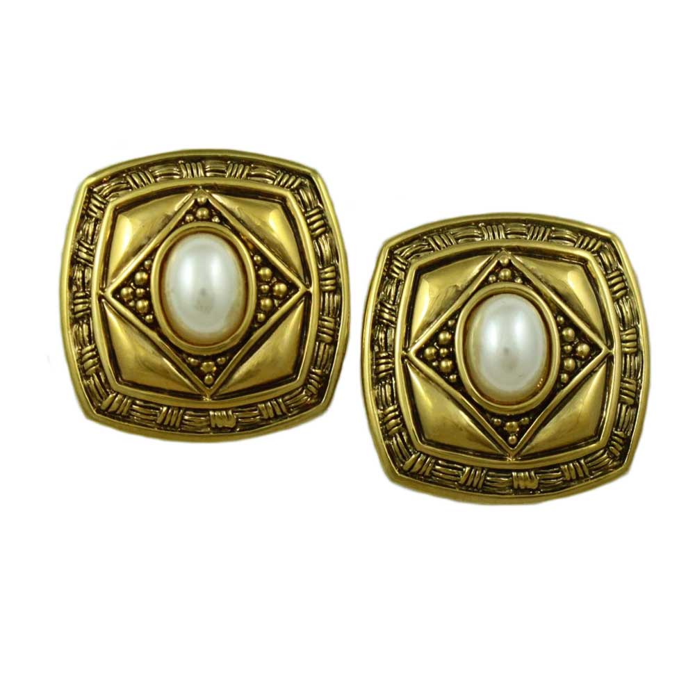 Lilylin Designs Antique Gold Square with White Oval Pearl Pierced Earring