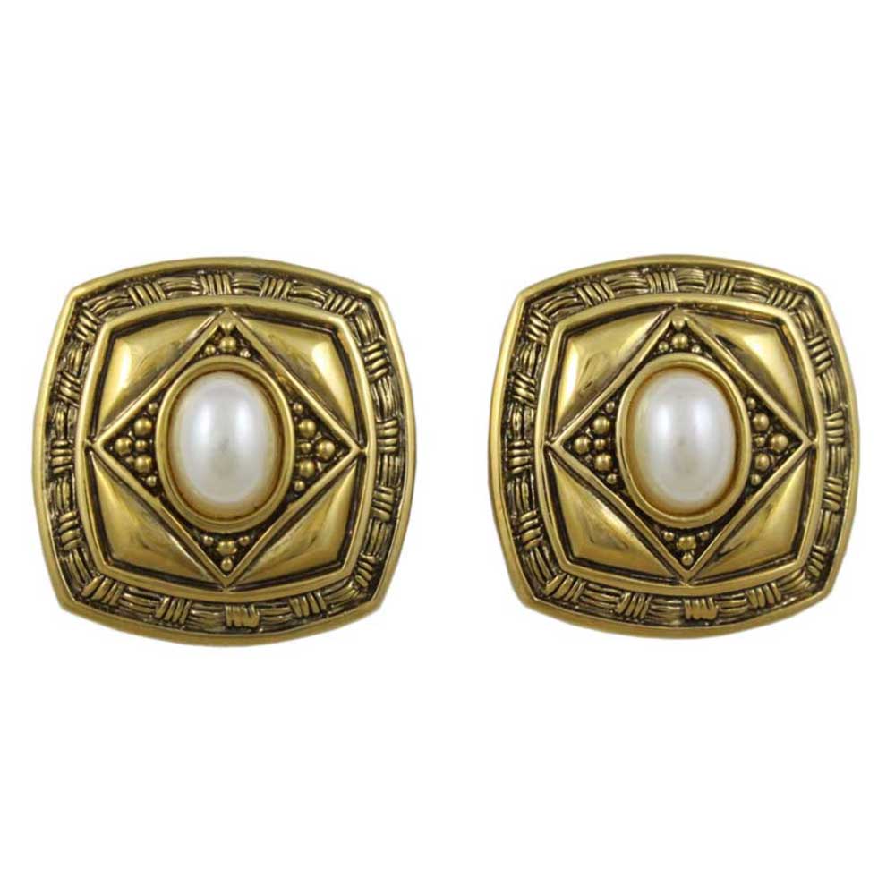 Antique Gold Square with White Oval Pearl Pierced Earring - DPE615 - Lilylin Designs