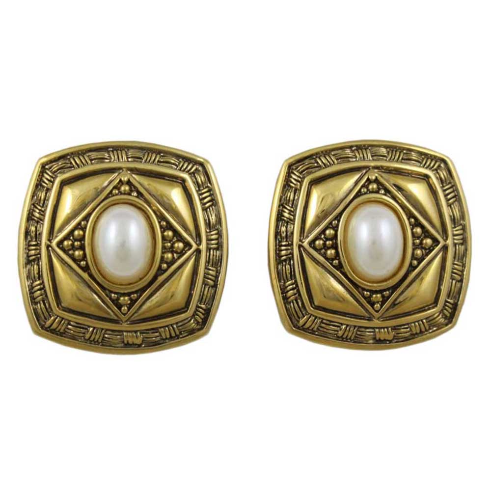 Lilylin Designs Antique Gold Square with White Oval Pearl Pierced Earring