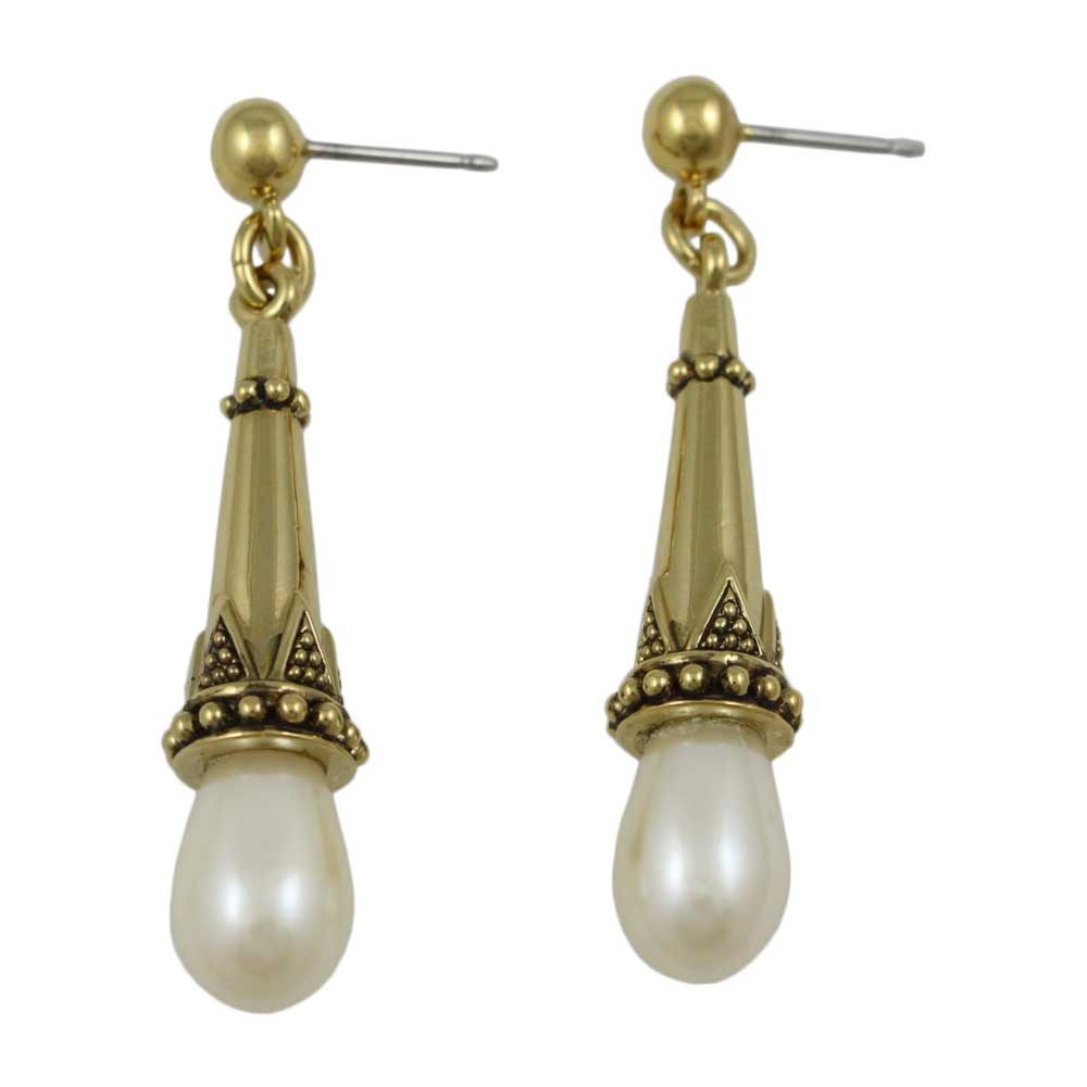 Antique Gold - plated with White Pearl Dangling Pierced Earring - DPE650 - Lilylin Designs
