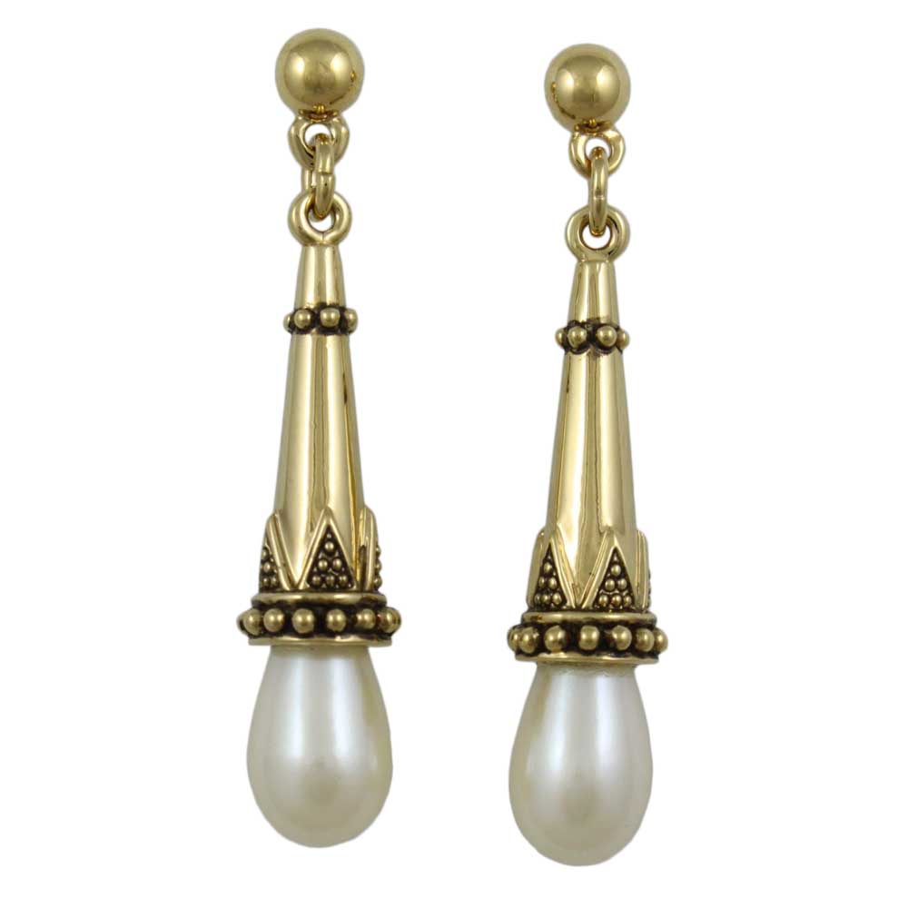 Antique Gold - plated with White Pearl Dangling Pierced Earring - DPE650 - Lilylin Designs