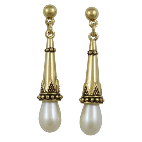 Antique Gold - plated with White Pearl Dangling Pierced Earring - DPE650 - Lilylin Designs