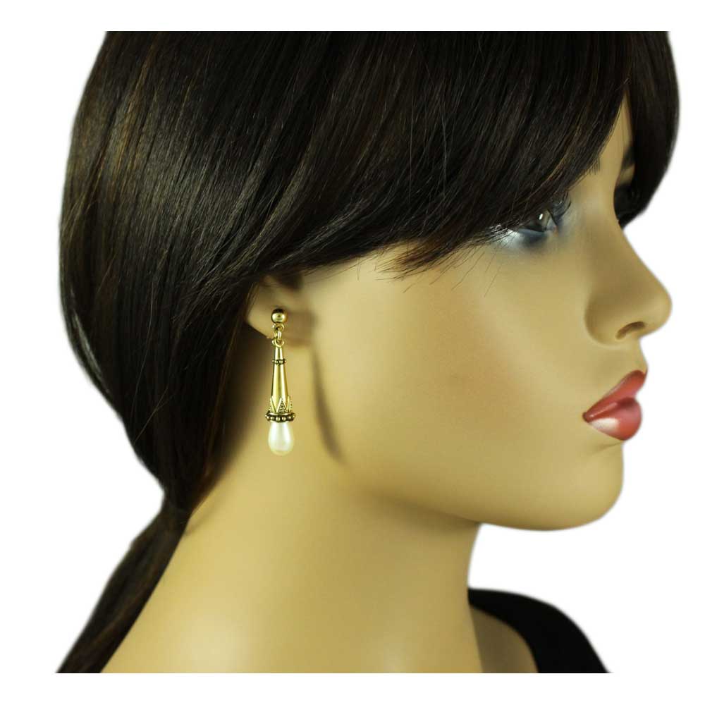 Antique Gold - plated with White Pearl Dangling Pierced Earring - DPE650 - Lilylin Designs