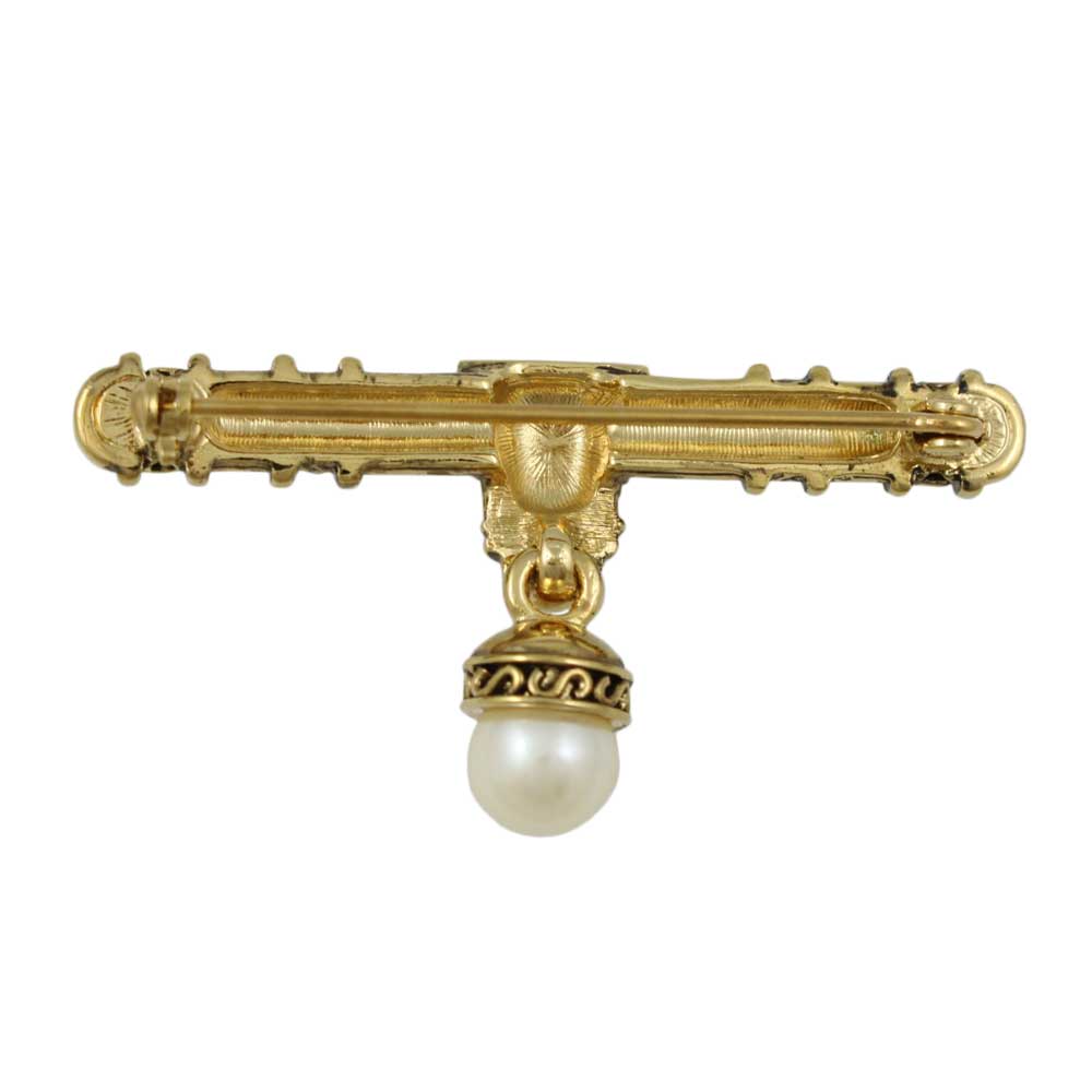 Antique Gold - plated Bar with Dangling White Pearl Brooch Pin - DPP621 - Lilylin Designs