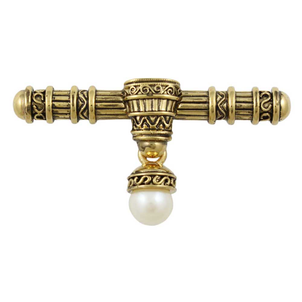 Antique Gold - plated Bar with Dangling White Pearl Brooch Pin - DPP621 - Lilylin Designs