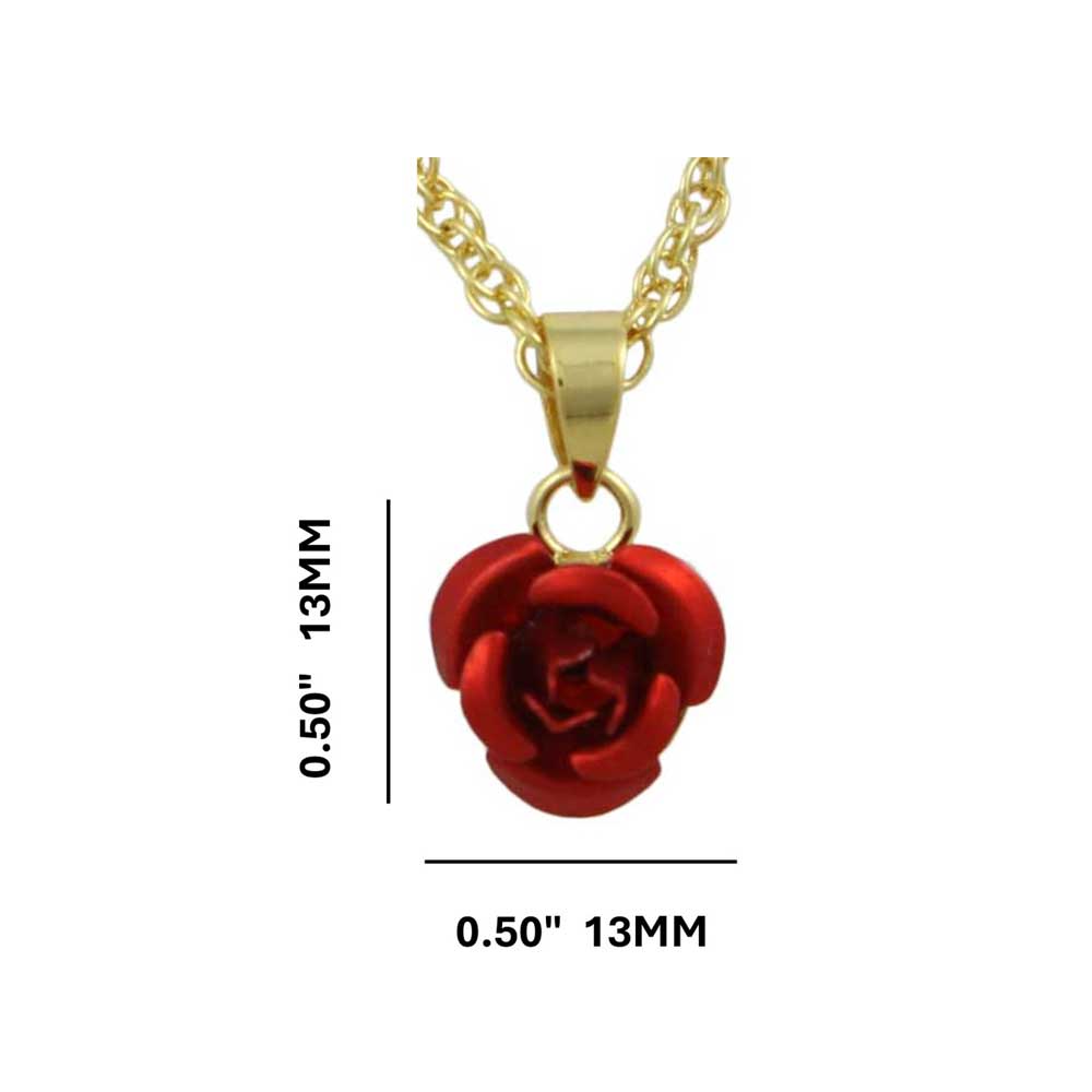 Dainty Red Rose Pendant on Gold Chain with measurements - Lilylin Designs