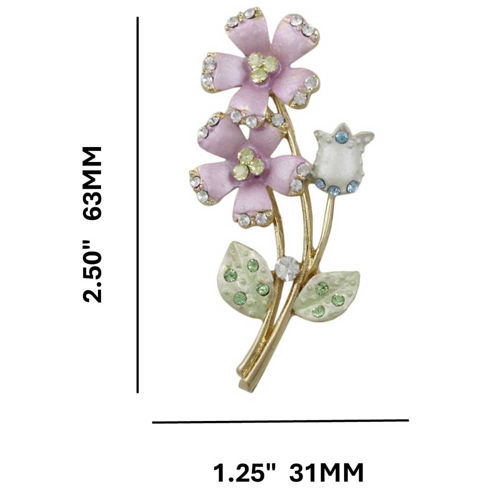 Lavender Crystal Daisies and Tulip Flower Brooch Pin with measurements - Lilylin Designs