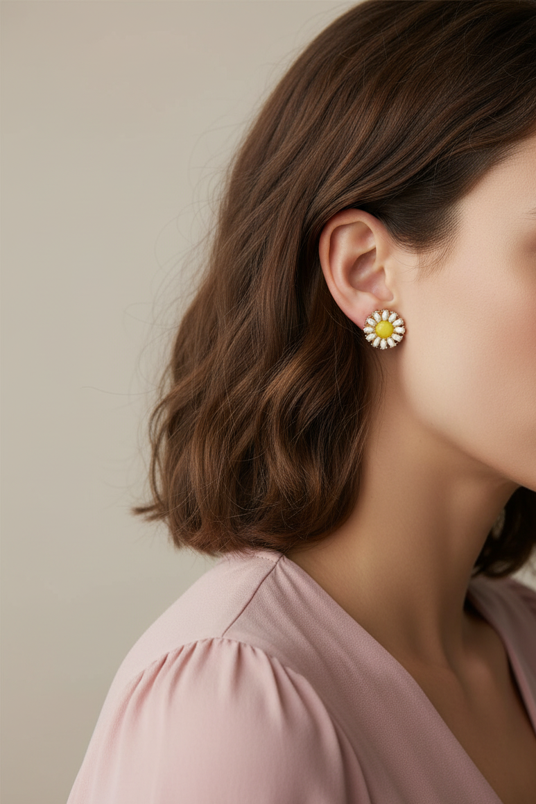 Model wearing yellow and white daisy button earring - Lilylin Designs