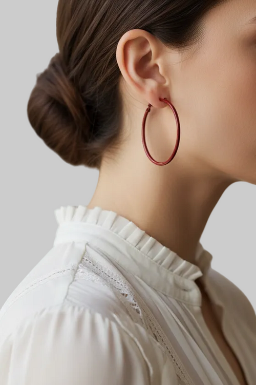 Model wearing red enamel skinny hoop earring - Lilylin Designs