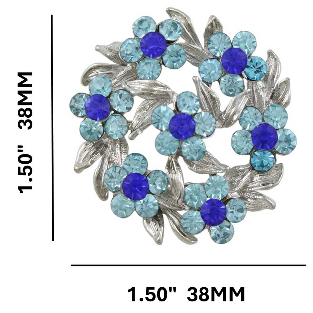Blue Crystal Daisies Wreath Flower Brooch Pin with measurements - Lilylin Designs