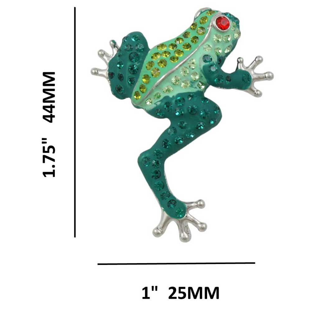 Dark and Light Green Enamel and Crystal Frog Brooch Pin shown with measurements - Lilylin Designs