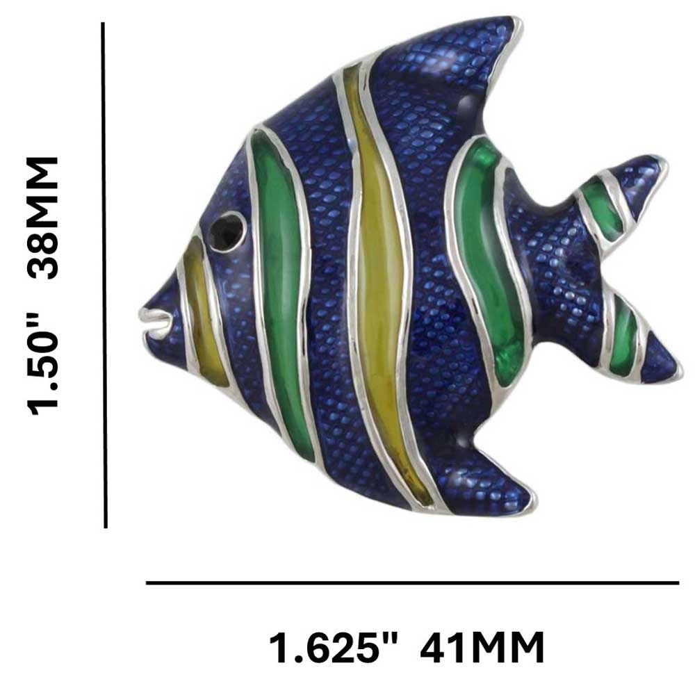 Dark Blue, Yellow, and Green Enamel Angelfish Brooch Pin with measurements - Lilylin Designs