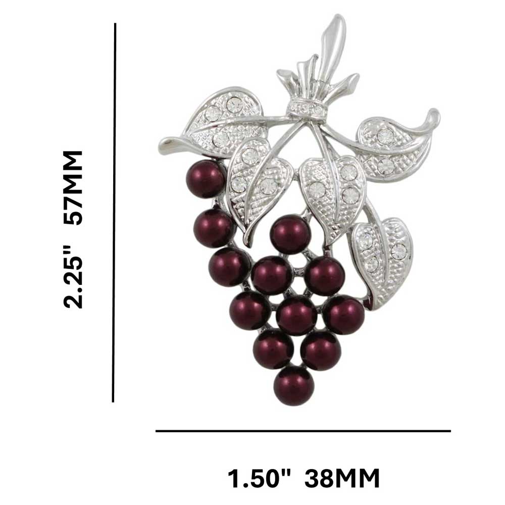 Dark Purple Pearl Grapes with Crystal Leaves Brooch Pin shown with measurements - Lilylin Designs