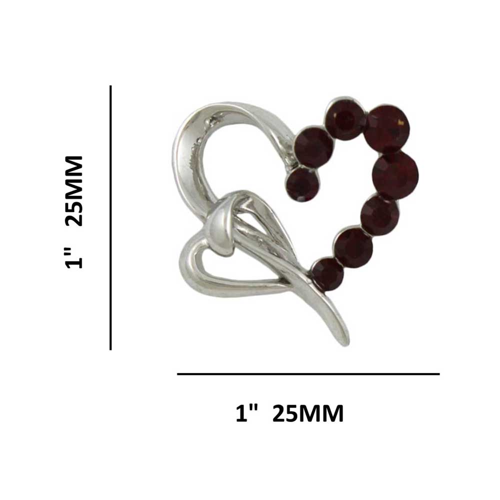 Silver Heart with Dark Red Crystals Brooch Pin shown with measurements - Lilylin Designs