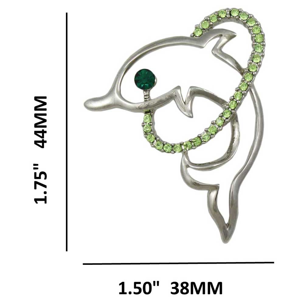 Dolphin with Light Green Crystal Hoop Brooch Pin shown with measurements - Lilylin Designs