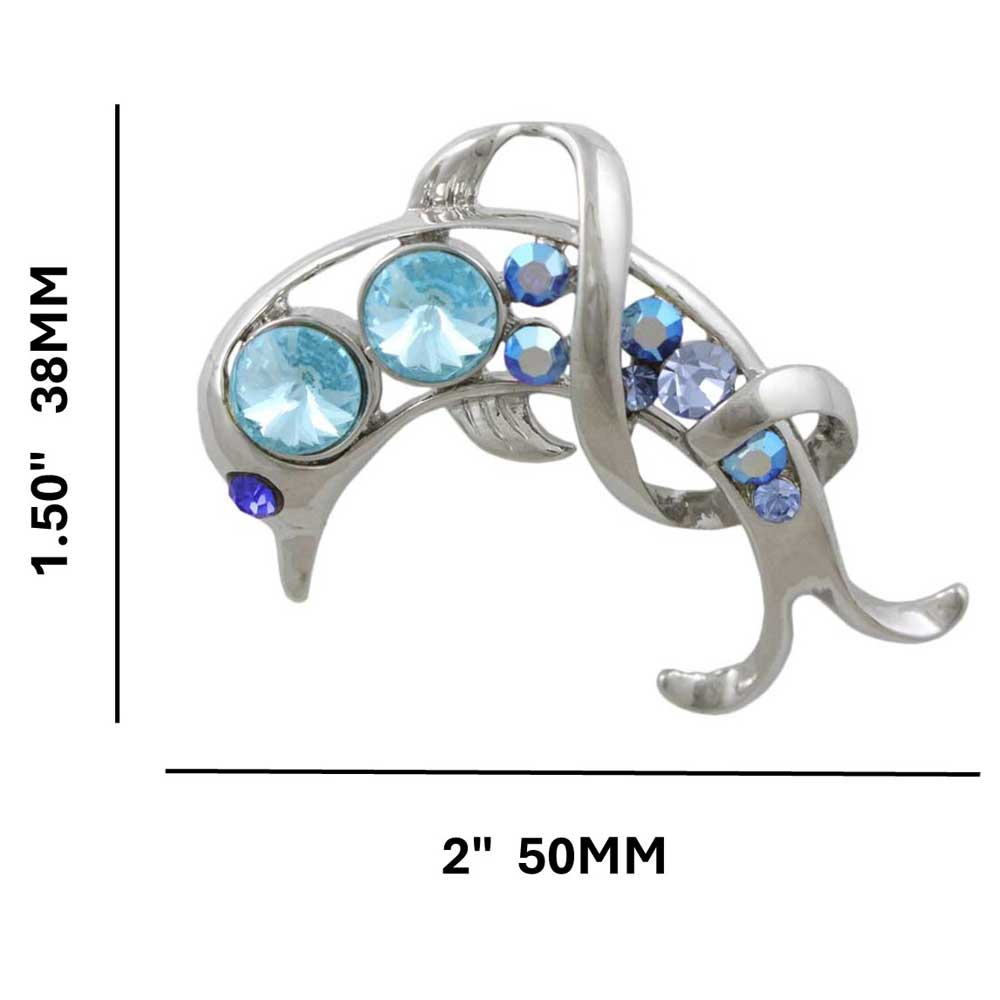 Blue Crystal Dolphin Jumping Waves Brooch Pin with measurements - Lilylin Designs