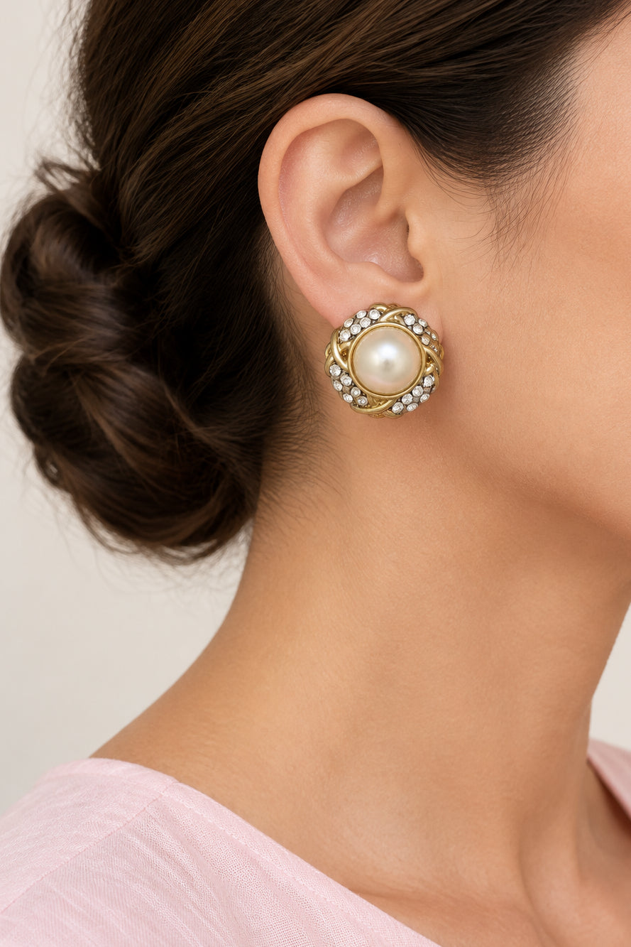Model wearing white dome pearl surrounded by crystals clip earring - Lilylin Designs