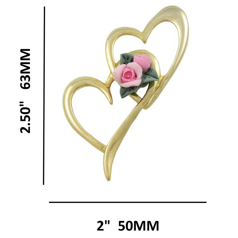 Large Gold Hearts with Pink Clay Rose Brooch Pin with measurements - Lilylin Designs
