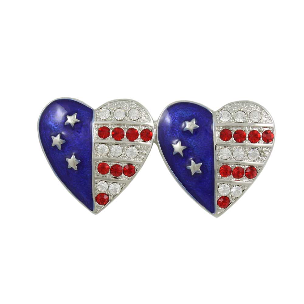 Silver Double Red White Blue Patriotic Hearts Brooch Pin with white background - Lilylin Designs