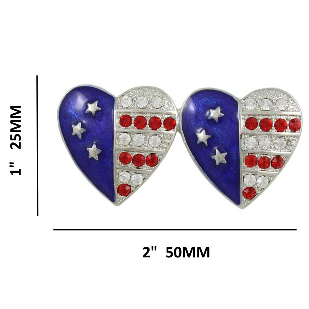 Silver Double Red White Blue Patriotic Hearts Brooch Pin with measurements - Lilylin Designs