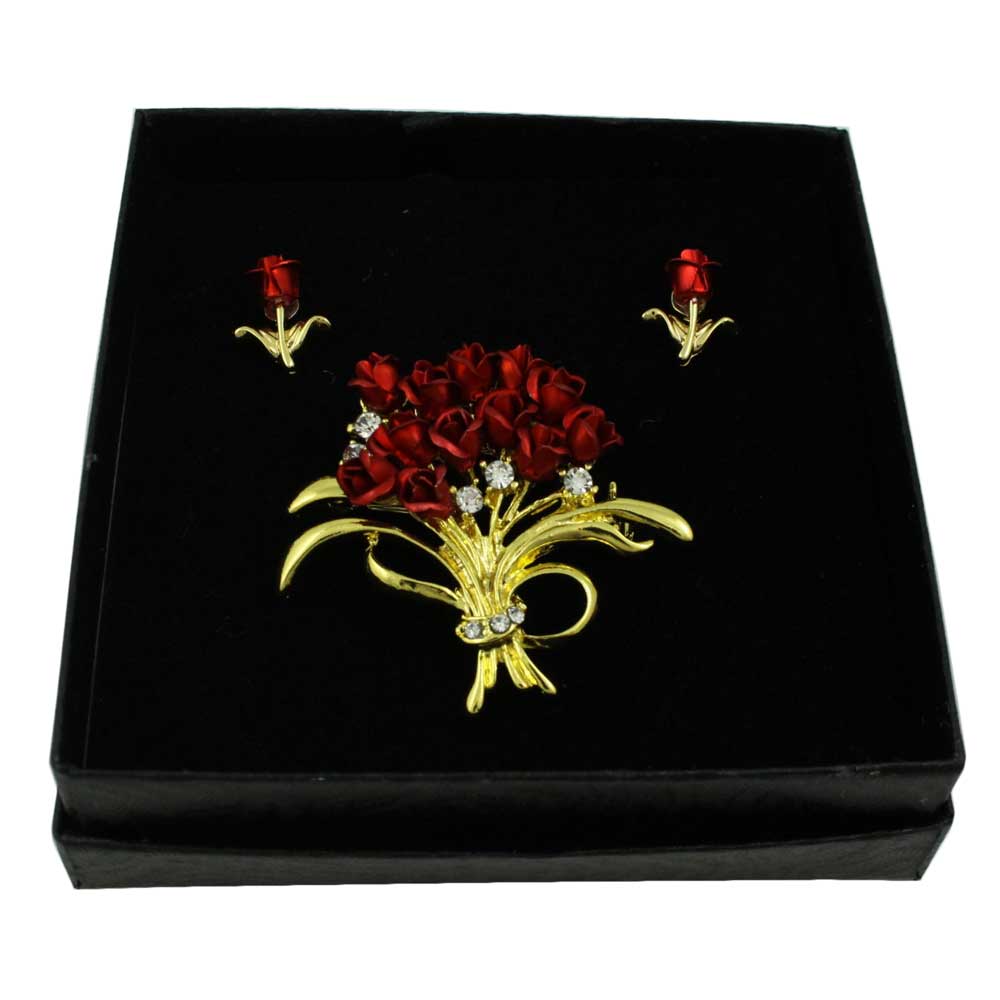Dozen Red Roses Bouquet Brooch with Rose Earring Set - PRL005BS - Lilylin Designs