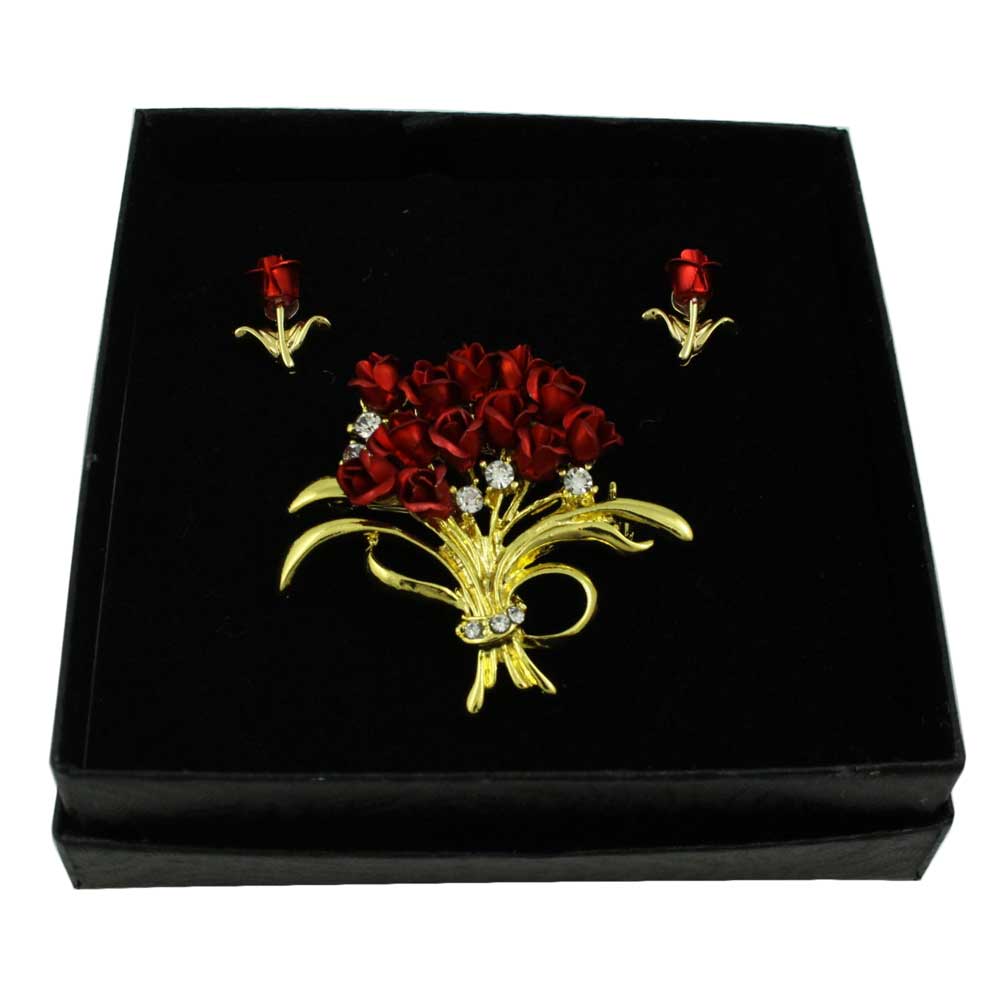 Lilylin Designs Dozen Red Roses Bouquet Brooch with Rose Earring Set