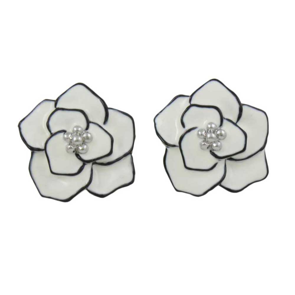 Cream Enamel Flower Outlined in Black Clip Earring - EQ102C - Lilylin Designs