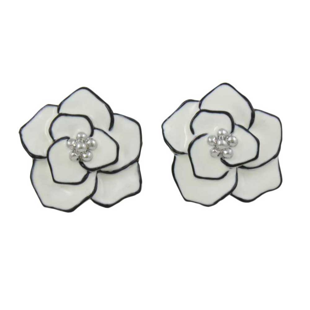 Lilylin Designs Cream Enamel Flower Outlined in Black Clip Earring