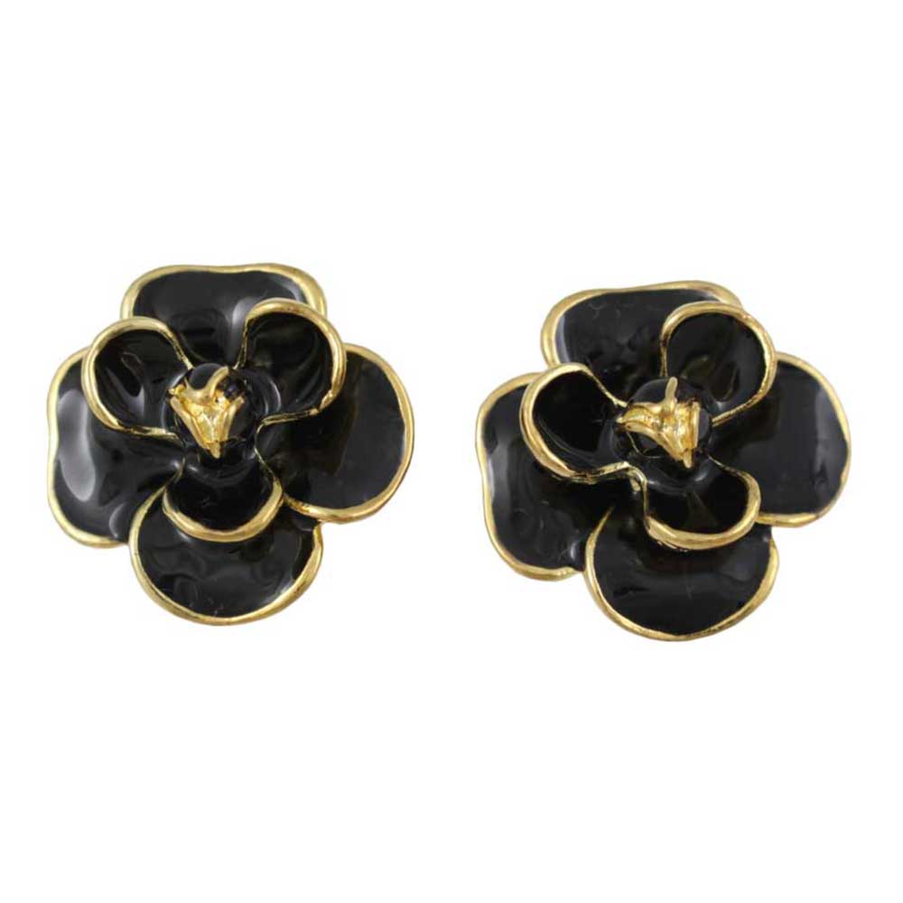 Black Enamel Flower Trimmed in Gold Pierced Earring - EQ103 - Lilylin Designs