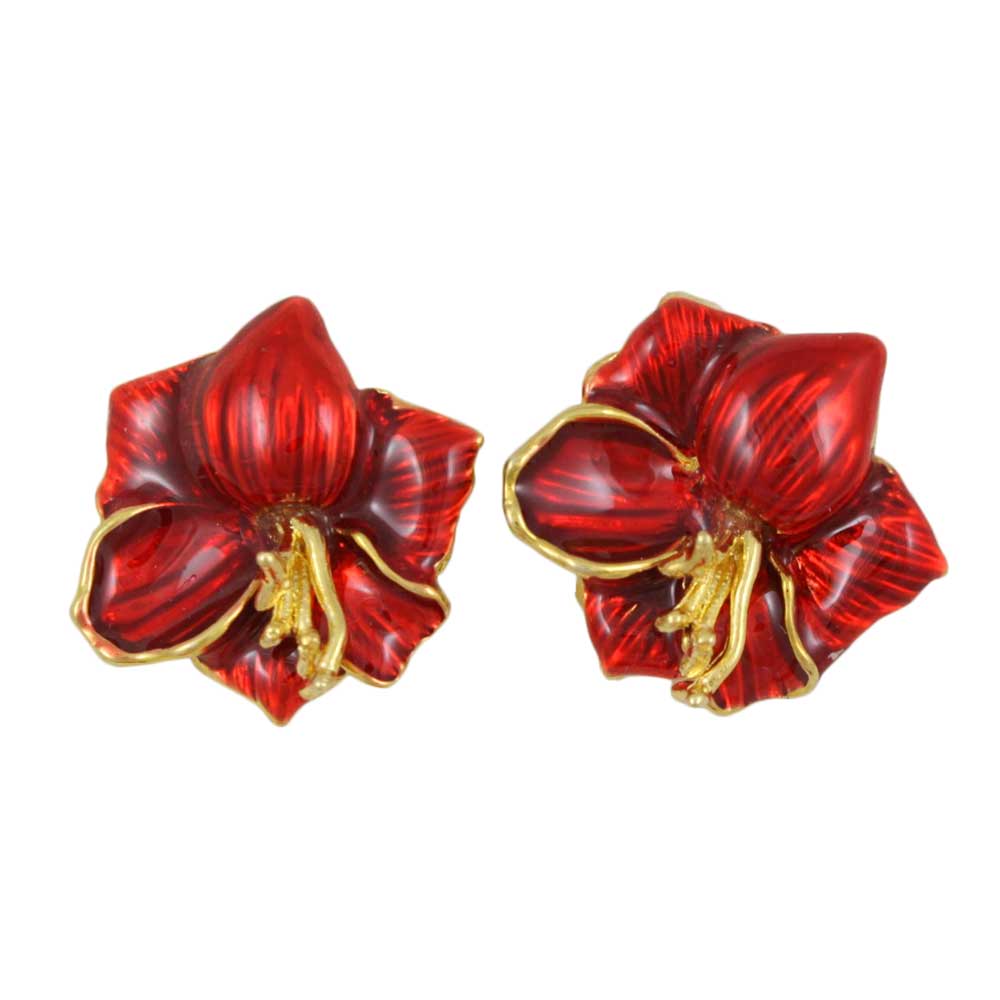 Red Enamel Christmas Amaryllis Clip Earring - EQ304C - Lilylin Designs