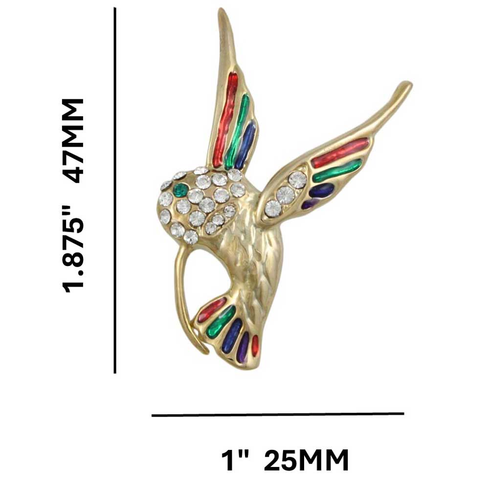 Enamel and Crystal Wings Hummingbird Brooch Pin shown with measurements - Lilylin Designs