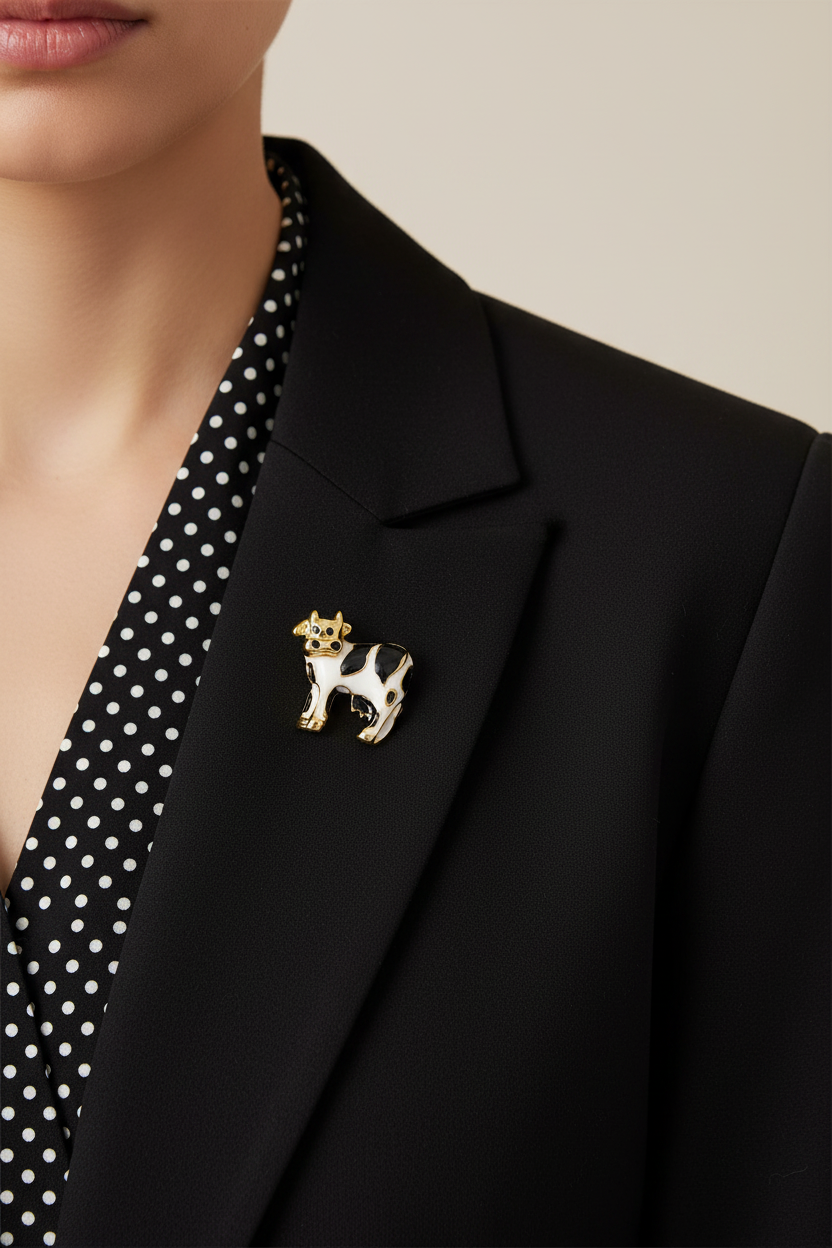 Model wearing small enamel cow lapel tac pin on a black jacket - Lilylin Designs