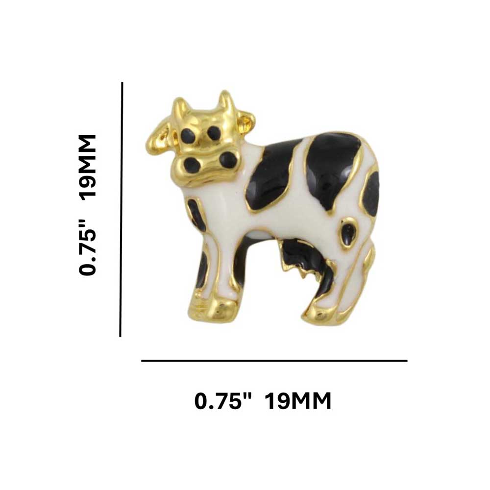 Small Black and White Enamel Dairy Cow Lapel Tac Pin shown with measurements - Lilylin Designs