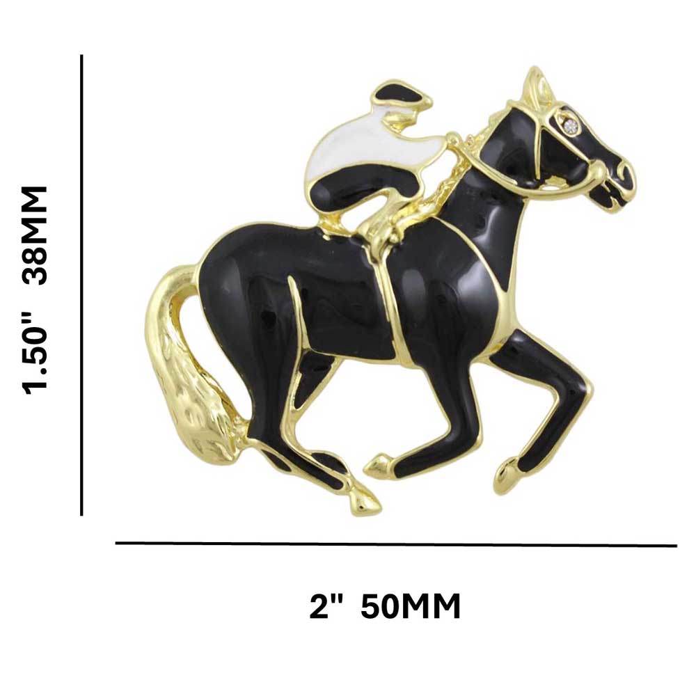 Black and White Enamel Jockey with Black Horse Brooch Pin with measurements - Lilylin Designs